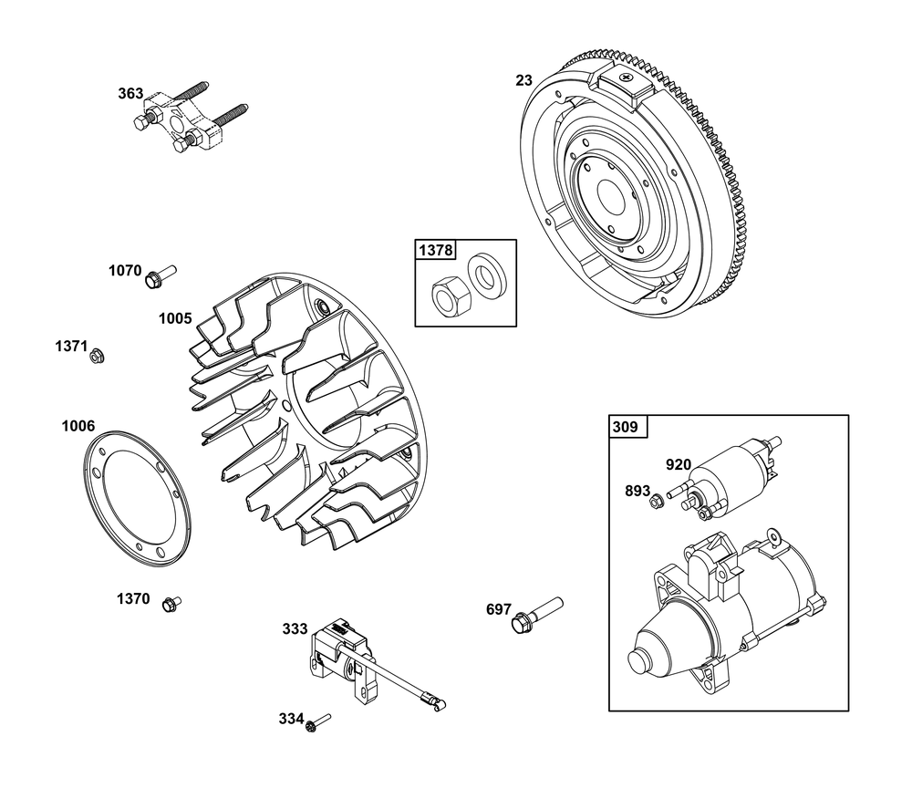 Flywheel, Ignition, And Starter Group Diagram and Parts List for 543477-3213-J1 400000 - 699999 Briggs and Stratton Engine